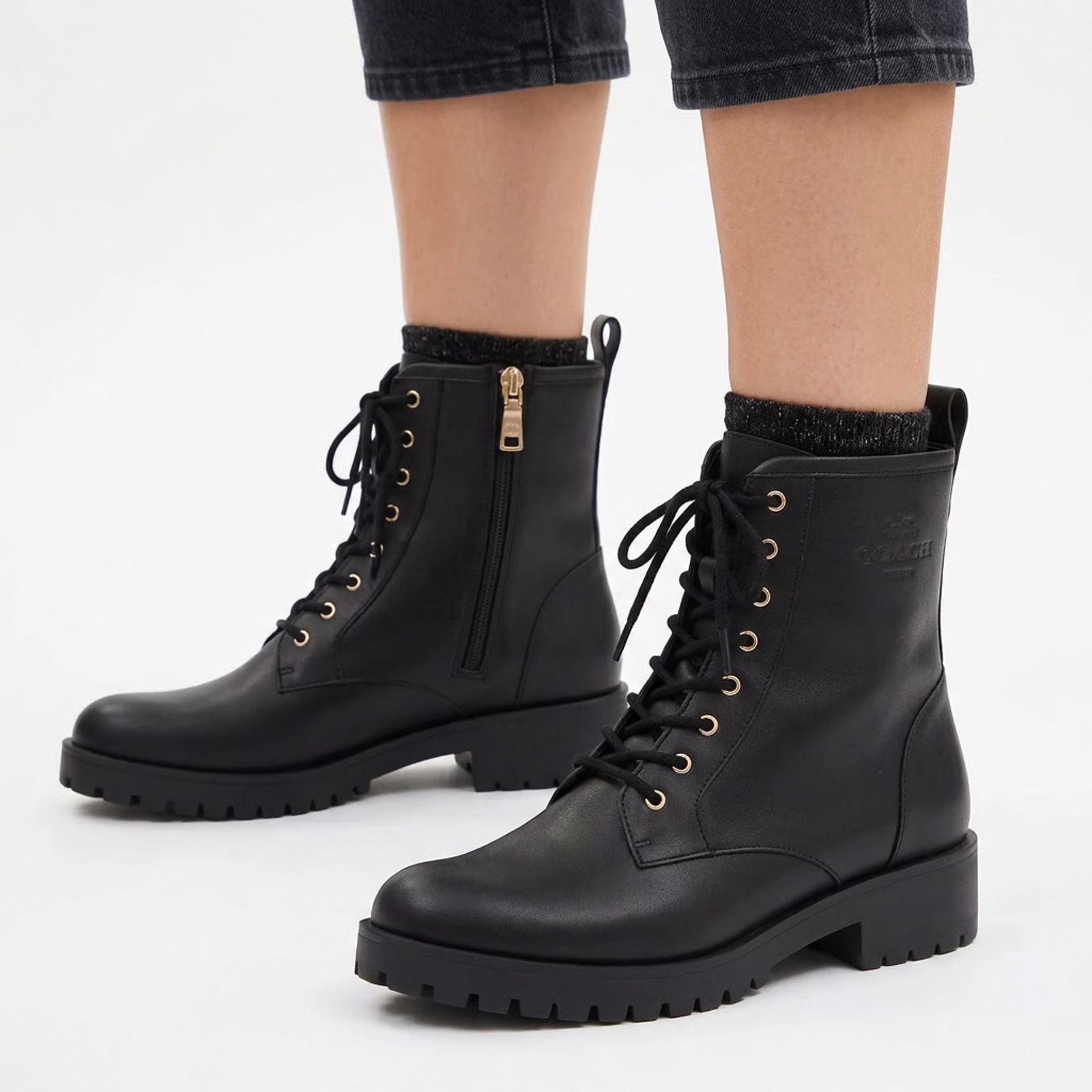 Coach Black Leather Combat Boots Gold Hardware Side Zip Womens 8b